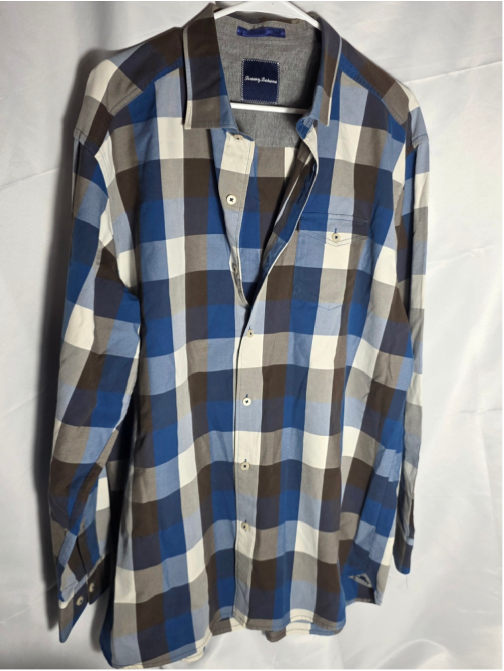 Men's Tommy Bahama Casual Button Down Shirt XLarge Blue Brown Plaid office
